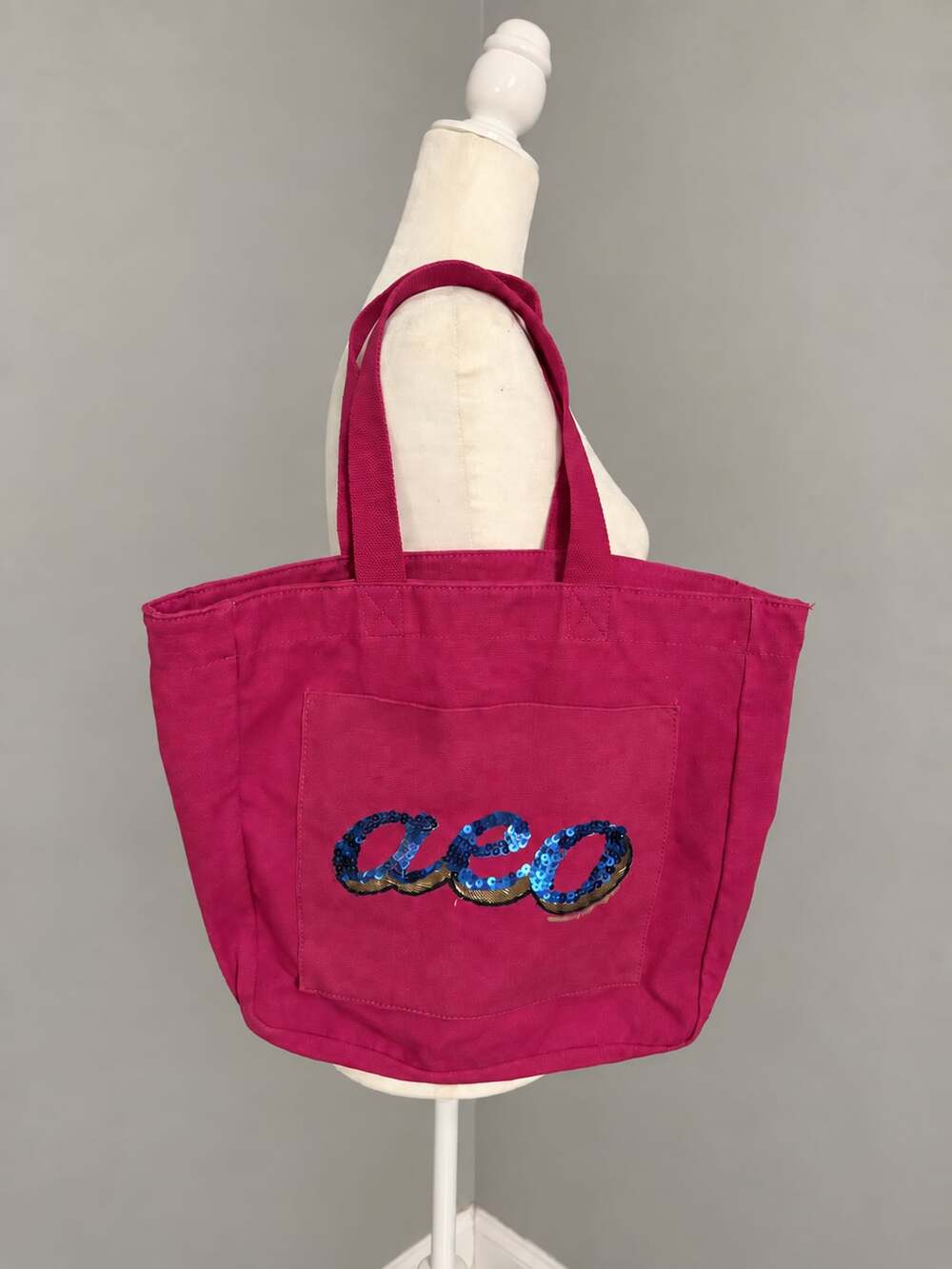 American Eagle Outfitters Hot Pink Tote Bag with Blue Sequin AEO Logo